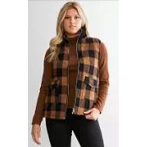 BKE Brown/Black Plaid‎  Full Zip Vest Woman's Large Quilted Pockets Size Small